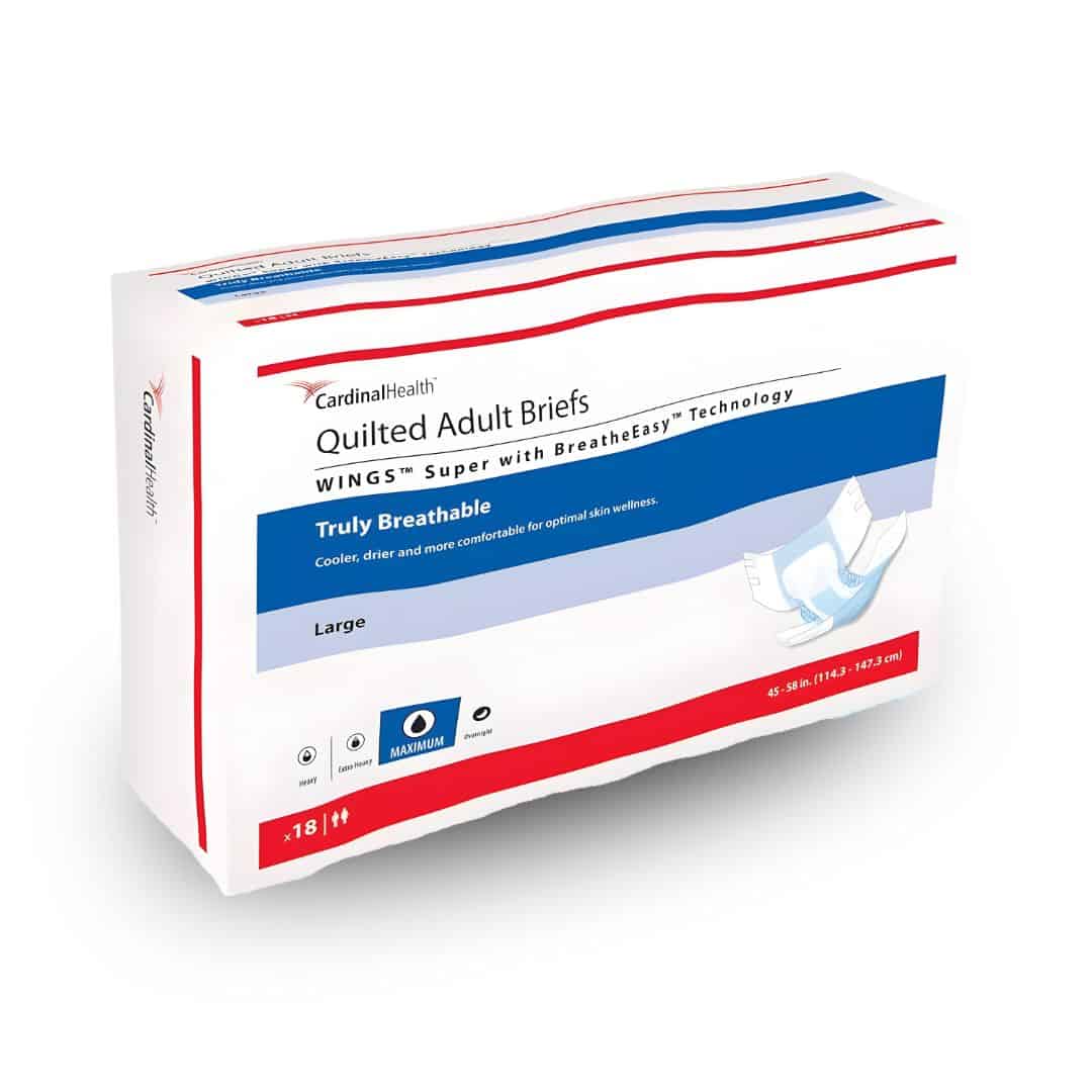 Cardinal Health, Wings Super, Quilted Adult Briefs with BreatheEasy Technology Large (Bag of 18)