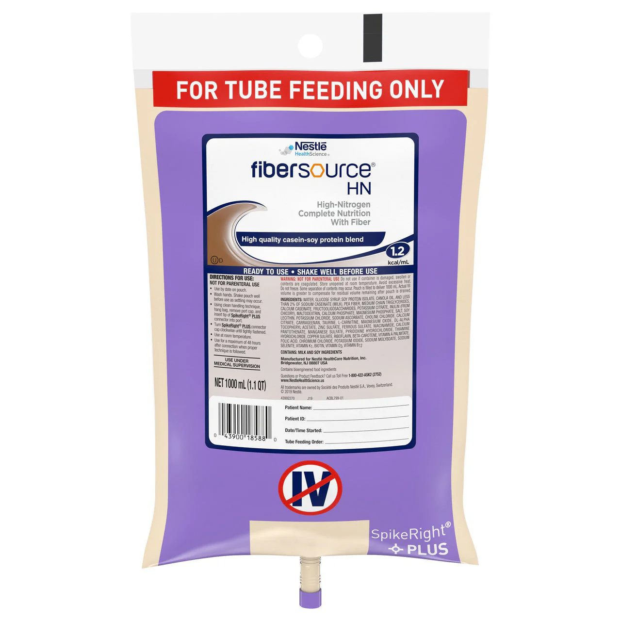 Fibersource® HN Tube Feeding Formula Unflavored Liquid 1000 mL Ready to Hang Prefilled Container