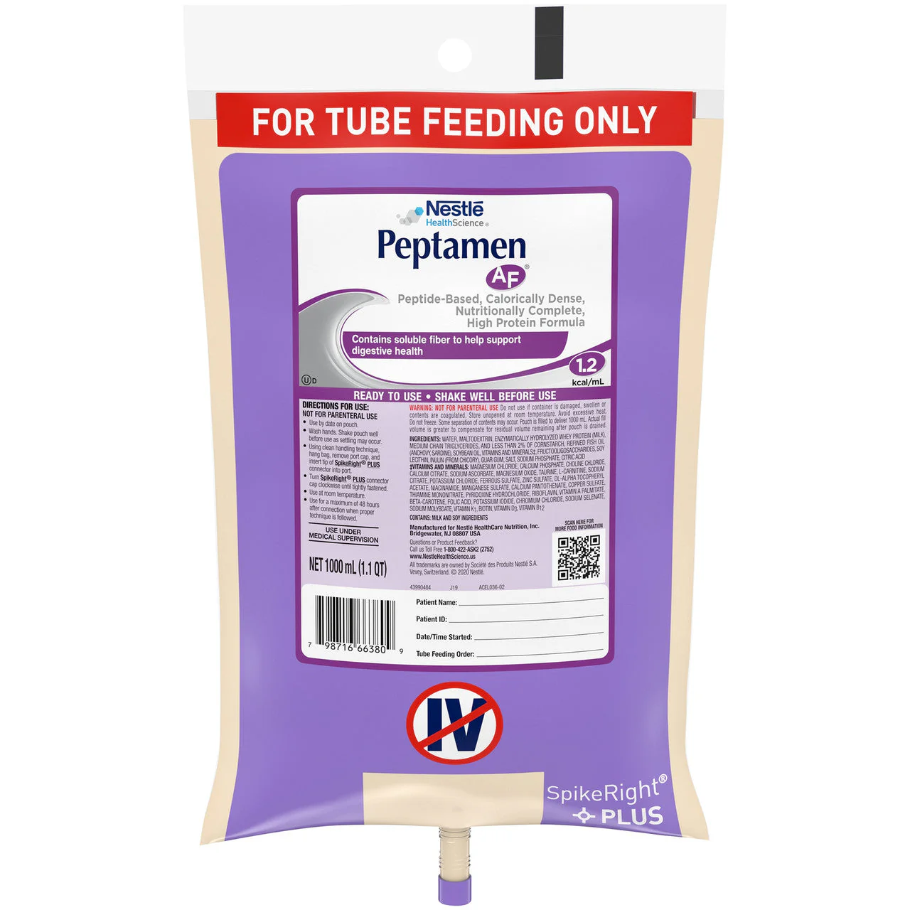 Peptamen AF® Tube Feeding Formula Unflavored Liquid 1000 mL Ready to Hang Prefilled Container