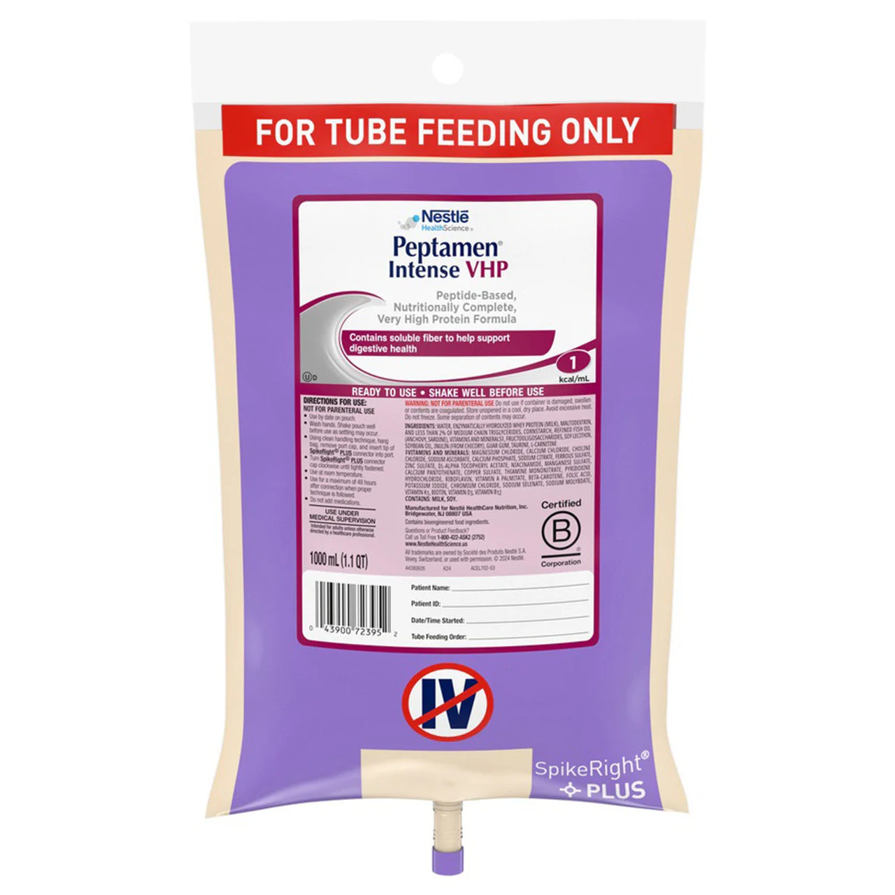 Peptamen® Intense VHP Tube Feeding Formula Unflavored Liquid 1000 mL Ready to Hang Prefilled Container