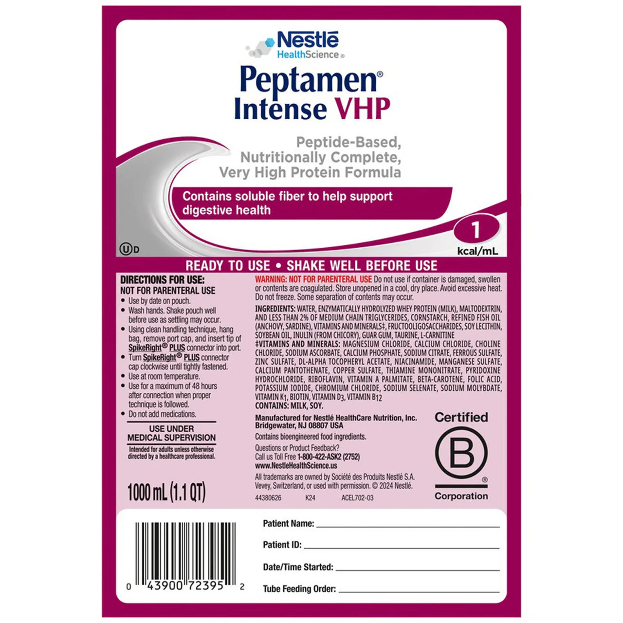 Peptamen® Intense VHP Tube Feeding Formula Unflavored Liquid 1000 mL Ready to Hang Prefilled Container - Image 2